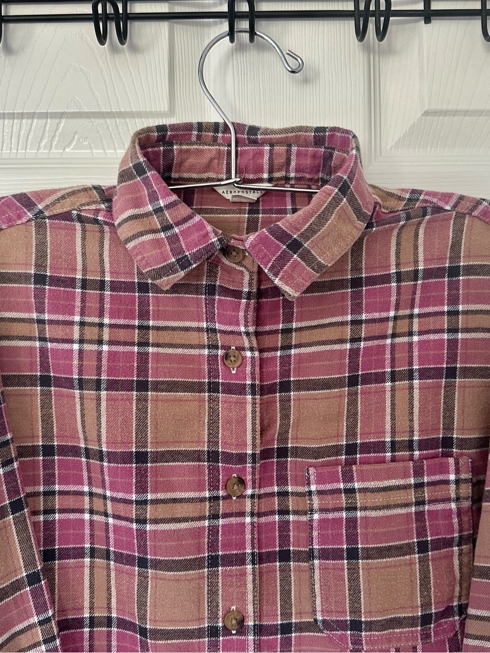 Aeropostale Pink and Tan Plaid Button-Down Flannel Shirt